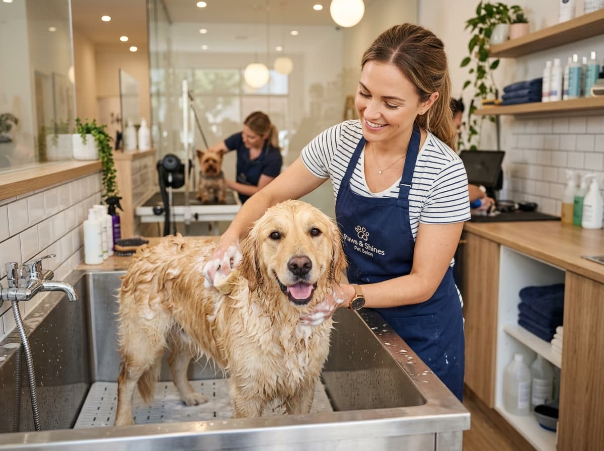 Profissional sorrindo enquanto dá banho em um golden retriever na banheira de um pet shop