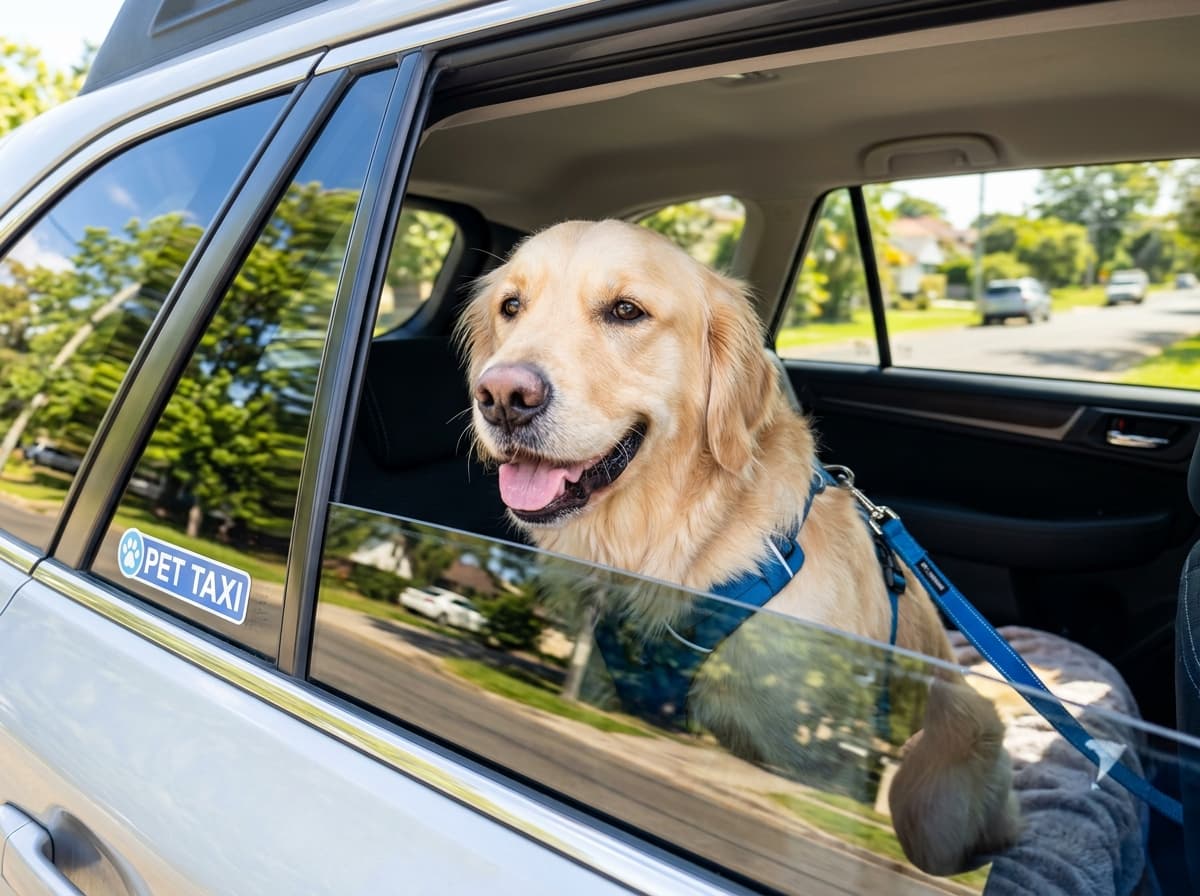Golden retriever feliz na janela do carro do Táxi Dog